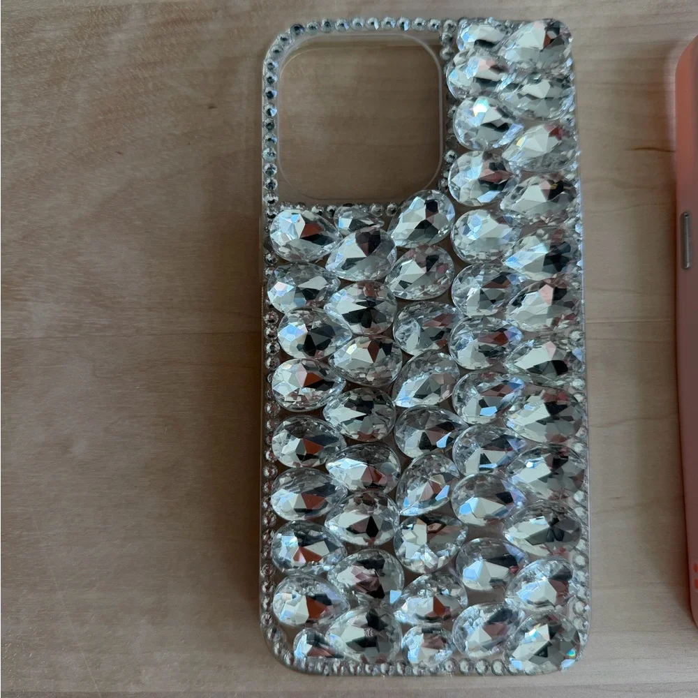 iPhone 15 pro max Pink and Silver Phone Case with Heart Design
